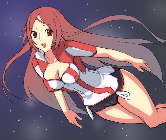 date (senpen), toa (dragonaut), dragonaut, 00s, 1girl, breasts, cleavage, covered erect nipples, female focus, large breasts, long hair, red eyes, red hair, solo