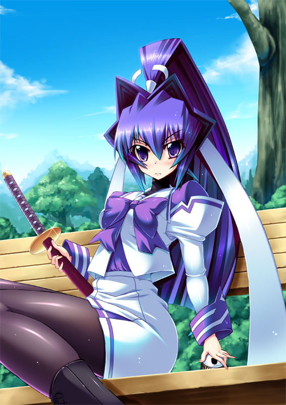 ichijou hitoshi, mitsurugi meiya, muv-luv, bench, blue eyes, blue hair, pantyhose, ponytail, school uniform, serafuku, solo, sword, weapon