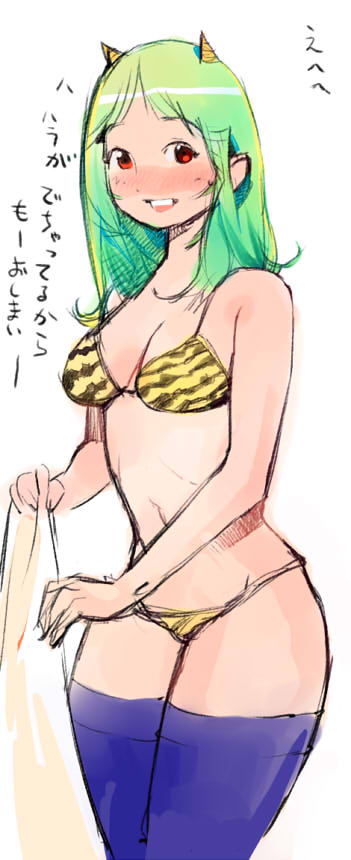 igarashi mangou, translation request, 1girl, bikini, breasts, female focus, solo, swimsuit, thighhighs, wide hips