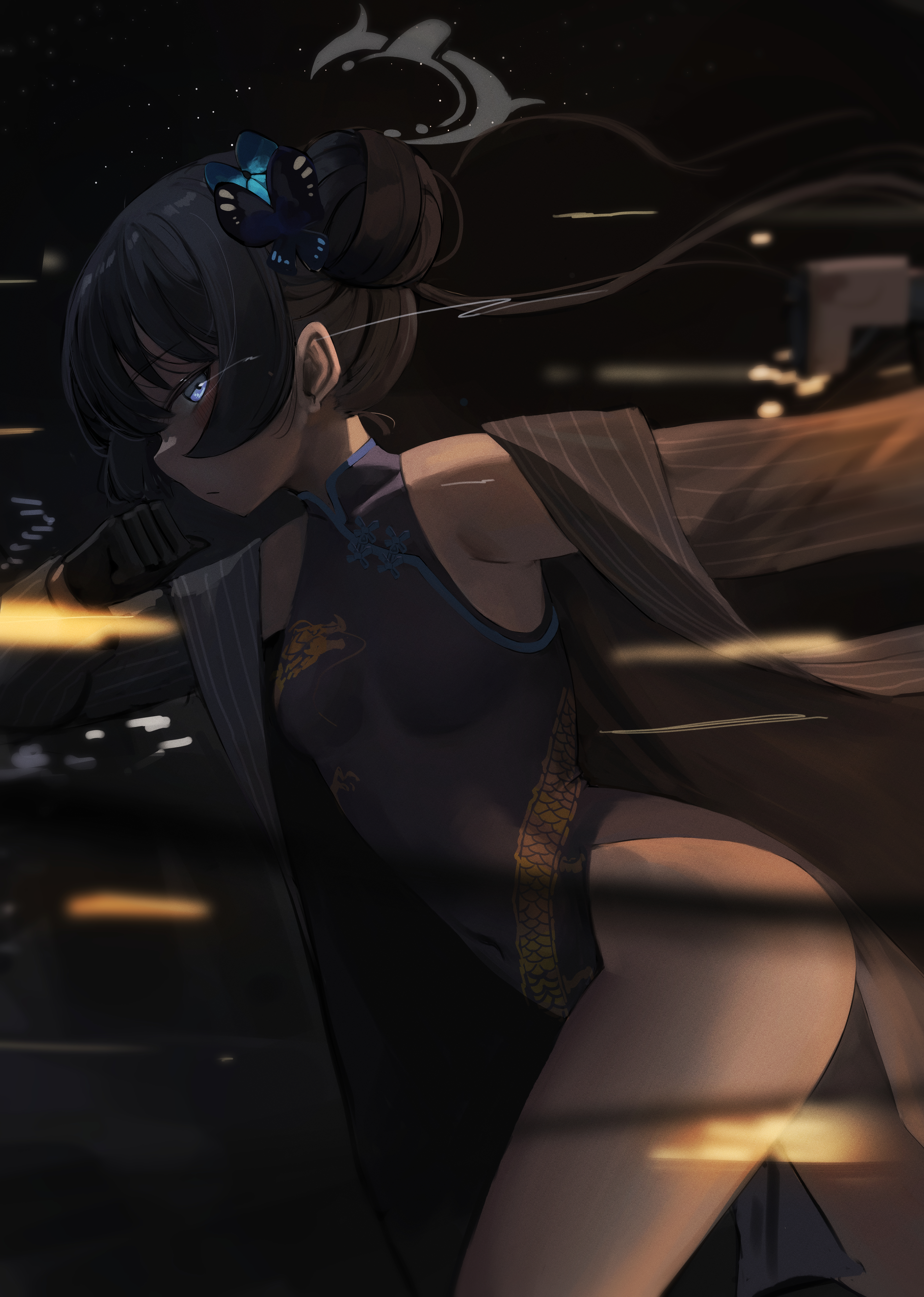 moji (m 0j 4), kisaki (blue archive), blue archive, absurdres, highres, 1girl, black hair, blue eyes, breasts, butterfly hair ornament, china dress, chinese clothes, double bun, dress, hair bun, hair ornament, halo, looking at viewer, small breasts, solo, standing, thighs