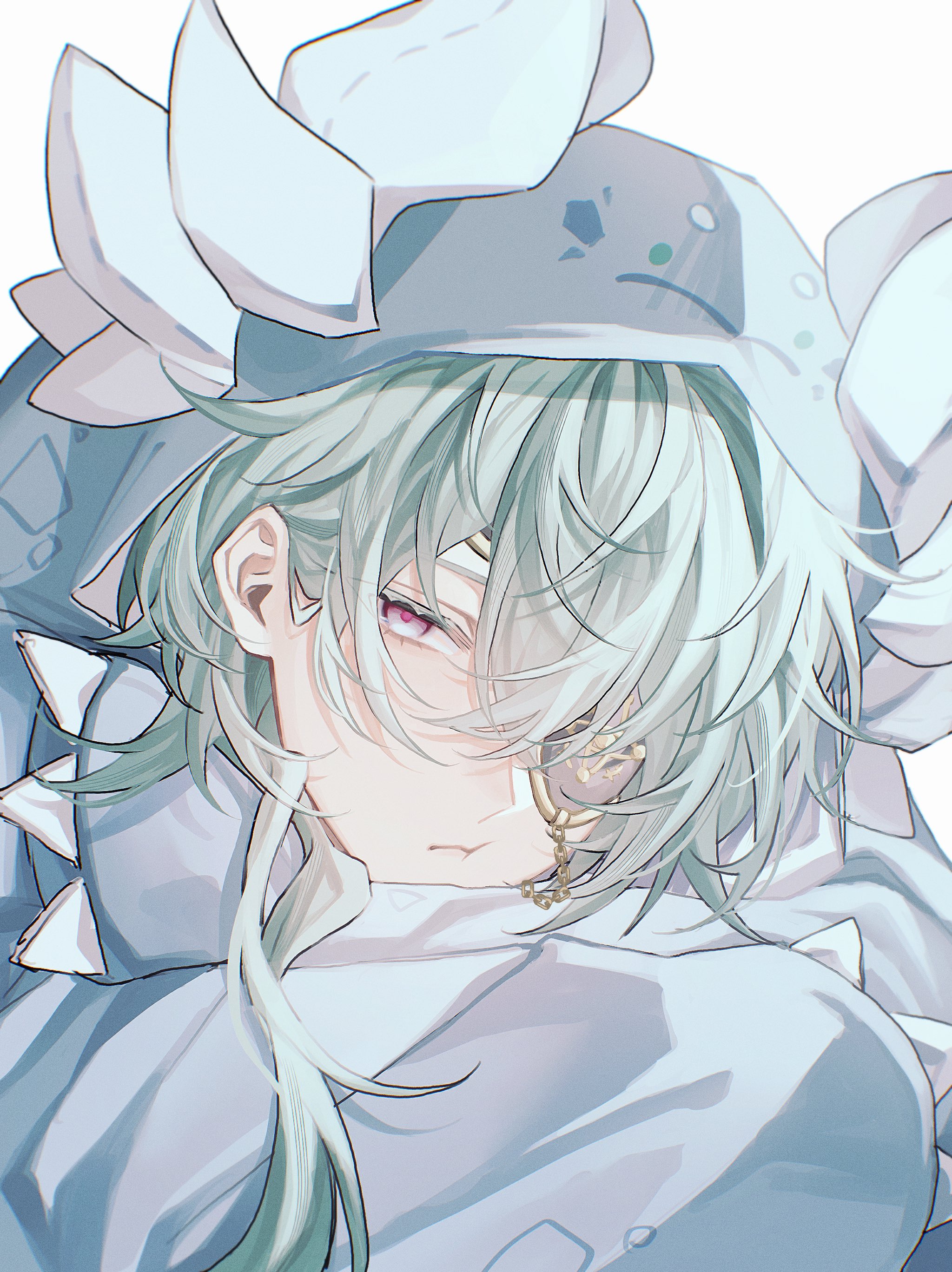 anaxa (honkai: star rail), honkai: star rail, honkai (series), absurdres, highres, 1boy, anaxa (whatsamatta) (honkai: star rail), animal costume, animal hood, blue eyes, blue hood, blue pajamas, chain, cheek squash, close-up, eyepatch, fz7047, green hair, hair between eyes, half-closed eye, hood, hood up, hooded pajamas, messy hair, multicolored eyes, one eye covered, onesie, pajamas, pink eyes, pink pupils, simple background, solo, two-tone eyes, white background