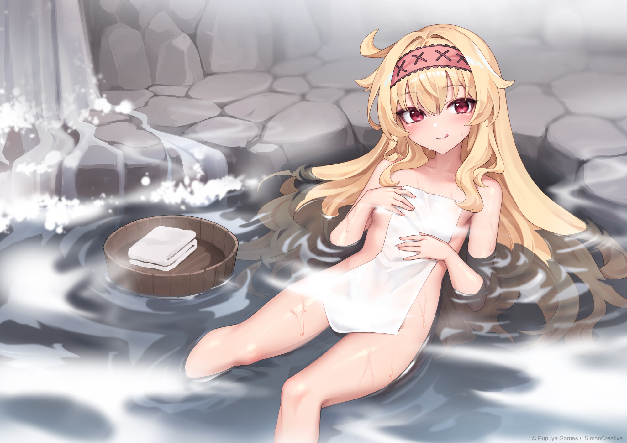 oopartz yang, nobeta, little witch nobeta, highres, official art, 1girl, blonde hair, blush, breasts, bucket, closed mouth, collarbone, convenient censoring, covering privates, english text, hairband, knees, long hair, looking at viewer, lying, nude, nude cover, onsen, outdoors, partially submerged, red eyes, small breasts, smile, solo, steam, steam censor, straight hair, thighs, towel, very long hair, water, waterfall, wet, wooden bucket