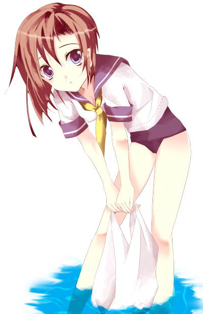ise (velvet088), ryuuguu rena, higurashi no naku koro ni, 00s, 1girl, bag, female focus, no pants, one-piece swimsuit, sailor, school swimsuit, school uniform, serafuku, solo, swimsuit, swimsuit under clothes
