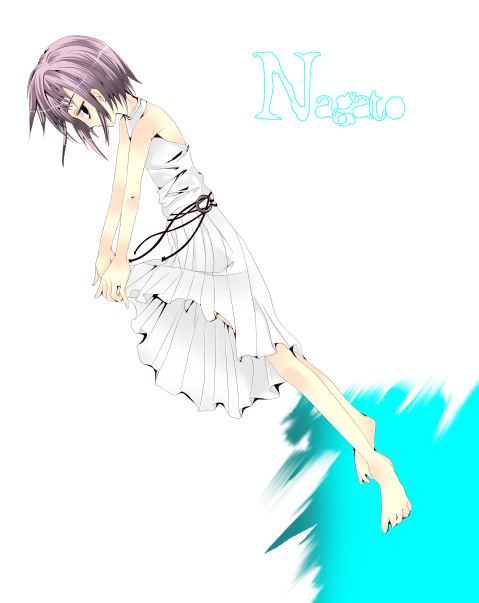 ise (velvet088), nagato yuki, suzumiya haruhi no yuuutsu, eyebrows, 00s, 1girl, alternate costume, barefoot, black eyes, character name, clothes lift, dress, female focus, flat chest, from side, full body, jewelry, lifting own clothes, looking at viewer, pleated skirt, profile, purple hair, ring, short hair, skirt, skirt lift, sleeveless, solo, standing, string, white skirt