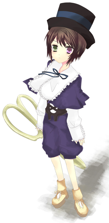 ise (velvet088), souseiseki, rozen maiden, 00s, 1girl, blue dress, brown hair, collar, doll, dress, female focus, frilled collar, frills, full body, green eyes, hat, heterochromia, long sleeves, looking at viewer, red eyes, scissors, short hair, simple background, solo, standing, top hat, white background