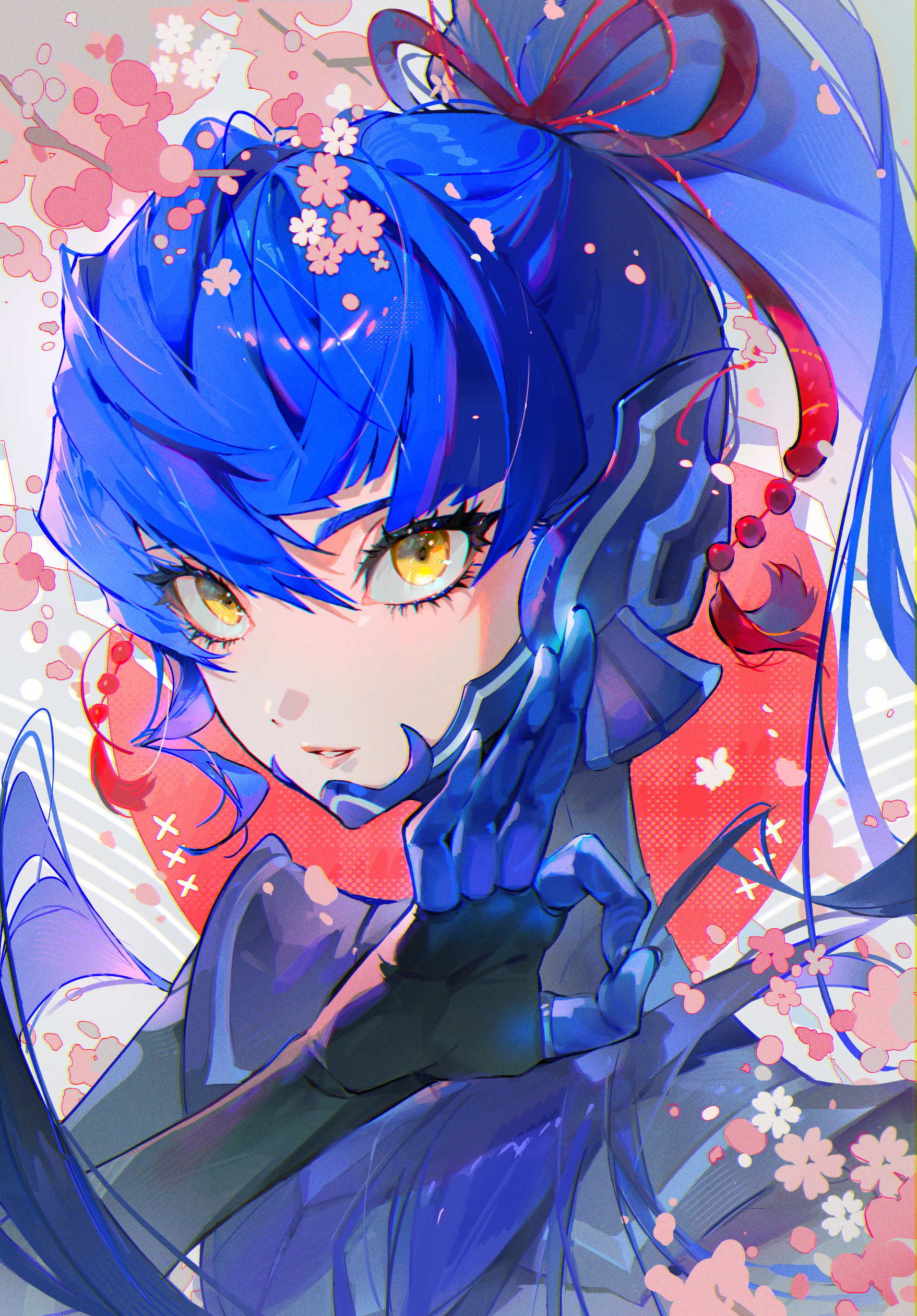 themoonrabbit, protagonist (smtv), shin megami tensei, shin megami tensei v, shin megami tensei v: vengeance, absurdres, commentary, highres, 1boy, androgynous, armor, asymmetrical hair, blue bodysuit, blue hair, blush, bodysuit, eyelashes, flower, hair between eyes, high ponytail, long hair, looking at viewer, male focus, parted lips, pink flower, pink lips, ponytail, portrait, smile, solo, very long hair, yellow eyes