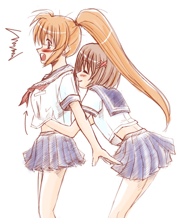 takamachi nanoha, yagami hayate, lyrical nanoha, mahou shoujo lyrical nanoha, mahou shoujo lyrical nanoha a's, mahou shoujo lyrical nanoha strikers, 00s, 2girls, ^^^, blush, breasts, brown hair, grabbing another's breast, groping, long hair, multiple girls, ponytail, school uniform, serafuku, short hair, sketch, yuri