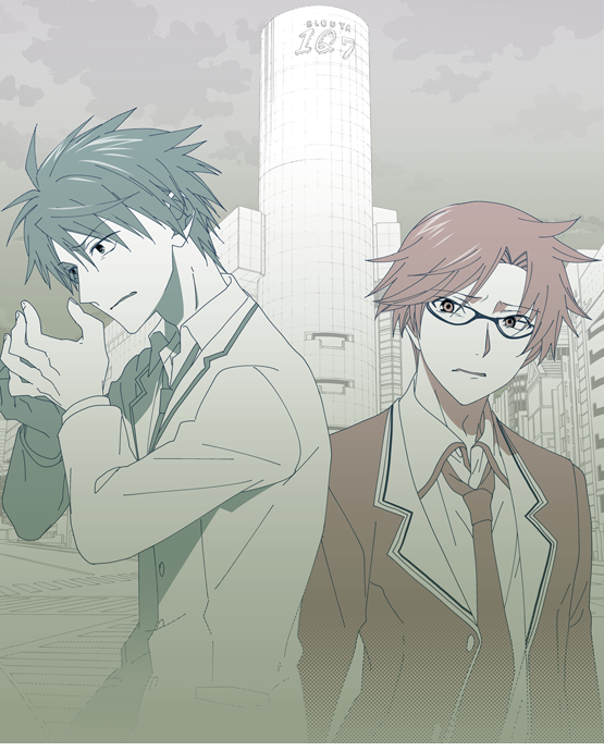 ikuhashi muiko, miyashiro takuru, nishijou takumi, chaos;child, chaos;head, science adventure, 2boys, glasses, hekiho academy school uniform, long sleeves, male focus, multiple boys, necktie, school uniform, shibuya (tokyo), shibuya 109, short hair, standing, suimei academy school uniform, tokyo (city)