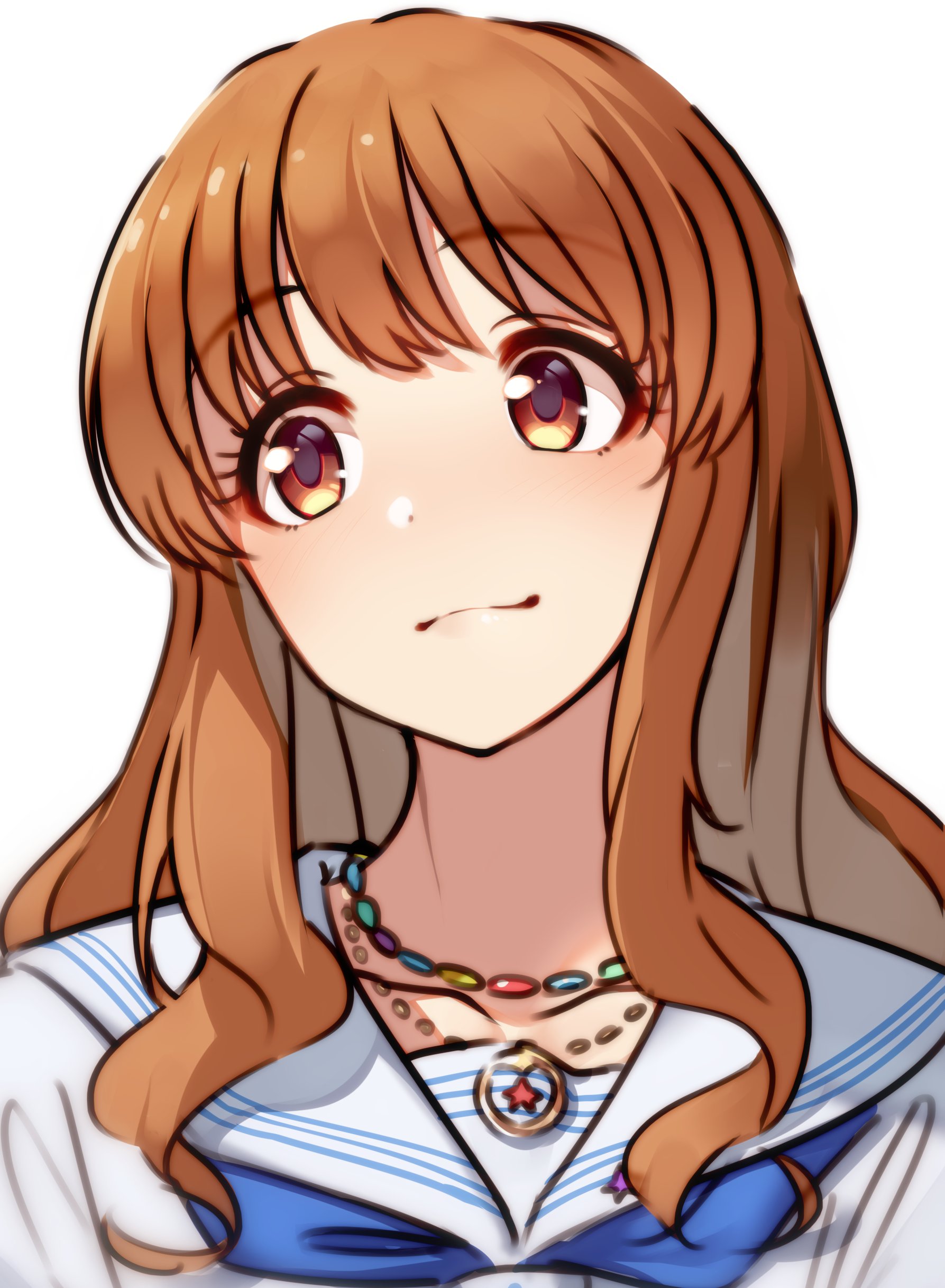 kakaobataa, moroboshi kirari, idolmaster, idolmaster cinderella girls, absurdres, highres, 1girl, dot nose, jewelry, long hair, looking to the side, necklace, orange eyes, orange hair, portrait, school uniform, serafuku, smile, solo, star (symbol), white background, white serafuku