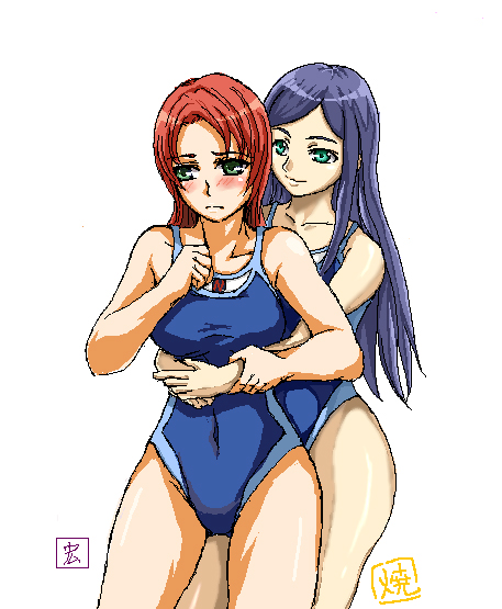 juliet nao zhang, natsuki kruger, my-otome, 00s, 2girls, blue hair, blue one-piece swimsuit, green eyes, hug, hug from behind, multiple girls, oekaki, one-piece swimsuit, red hair, swimsuit, yuri