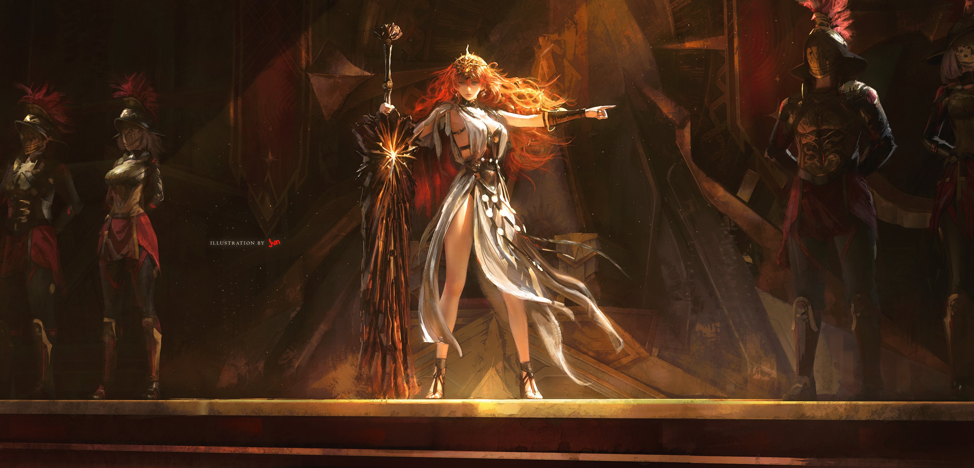 jvn, augusta (wuthering waves), wuthering waves, absurdres, commentary, english commentary, highres, 1girl, ancient greek clothes, arm armor, armor, bare legs, breastplate, breasts, dress, greatsword, greco-roman clothes, headgear, holding, holding sword, holding weapon, legs, long hair, looking at viewer, medium breasts, orange hair, outstretched arm, people, pointing, solo focus, standing, sword, throne, weapon, white dress, wide shot