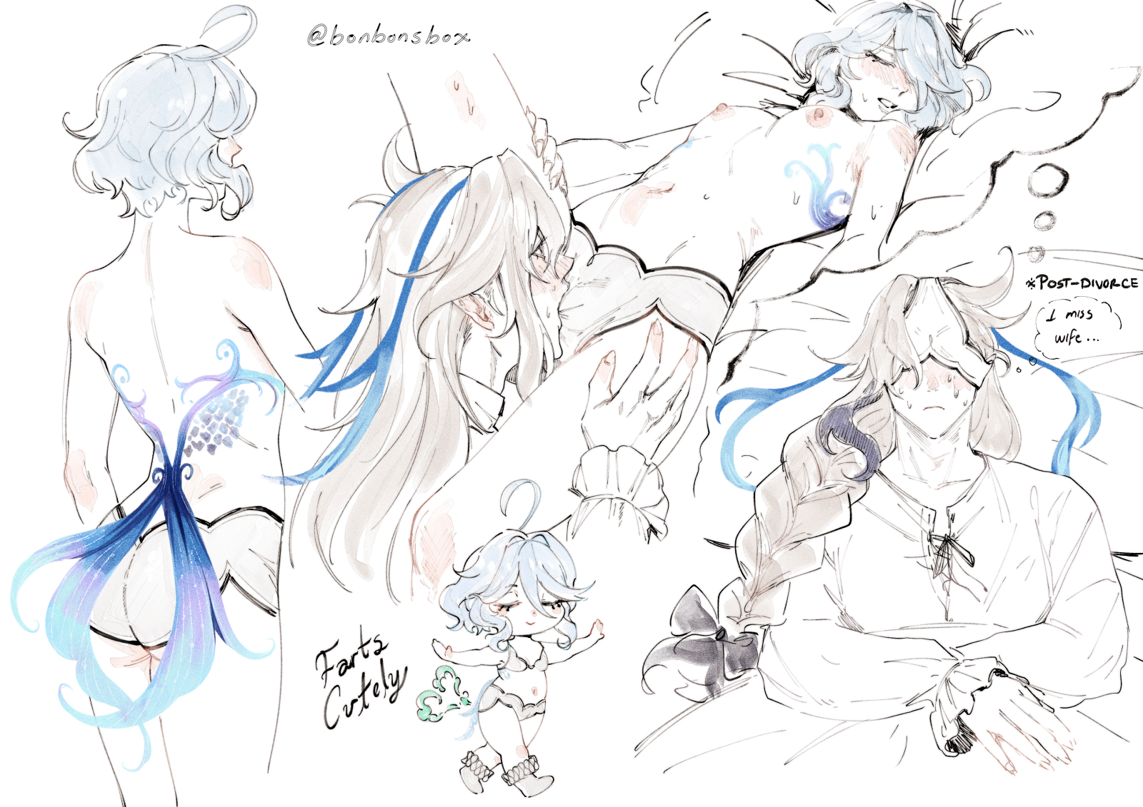 bonbon (bonesofbeskar), furina (genshin impact), neuvillette (genshin impact), genshin impact, commentary, english commentary, highres, 1boy, 1girl, aroused, blue hair, blush, boyshort panties, bra, braid, braided ponytail, breasts, chibi, chibi inset, closed eyes, closed mouth, cunnilingus, cunnilingus through clothes, english text, grey bra, grey panties, hetero, light-skinned palms, long hair, multicolored hair, multiple views, nipples, open mouth, oral, panties, scales, short hair, simple background, small breasts, speech bubble, streaked hair, thinking, thought bubble, topless female, twitter username, uncensored, underwear, white background