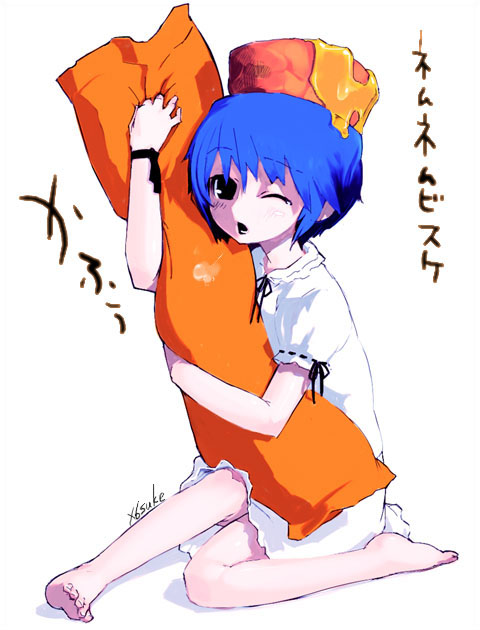 x6suke, bisuke-tan, kfc, bad feet, barefoot, feet, hugging object, lingerie, nightgown, object on head, one eye closed, pillow, pillow hug, solo, underwear, wink