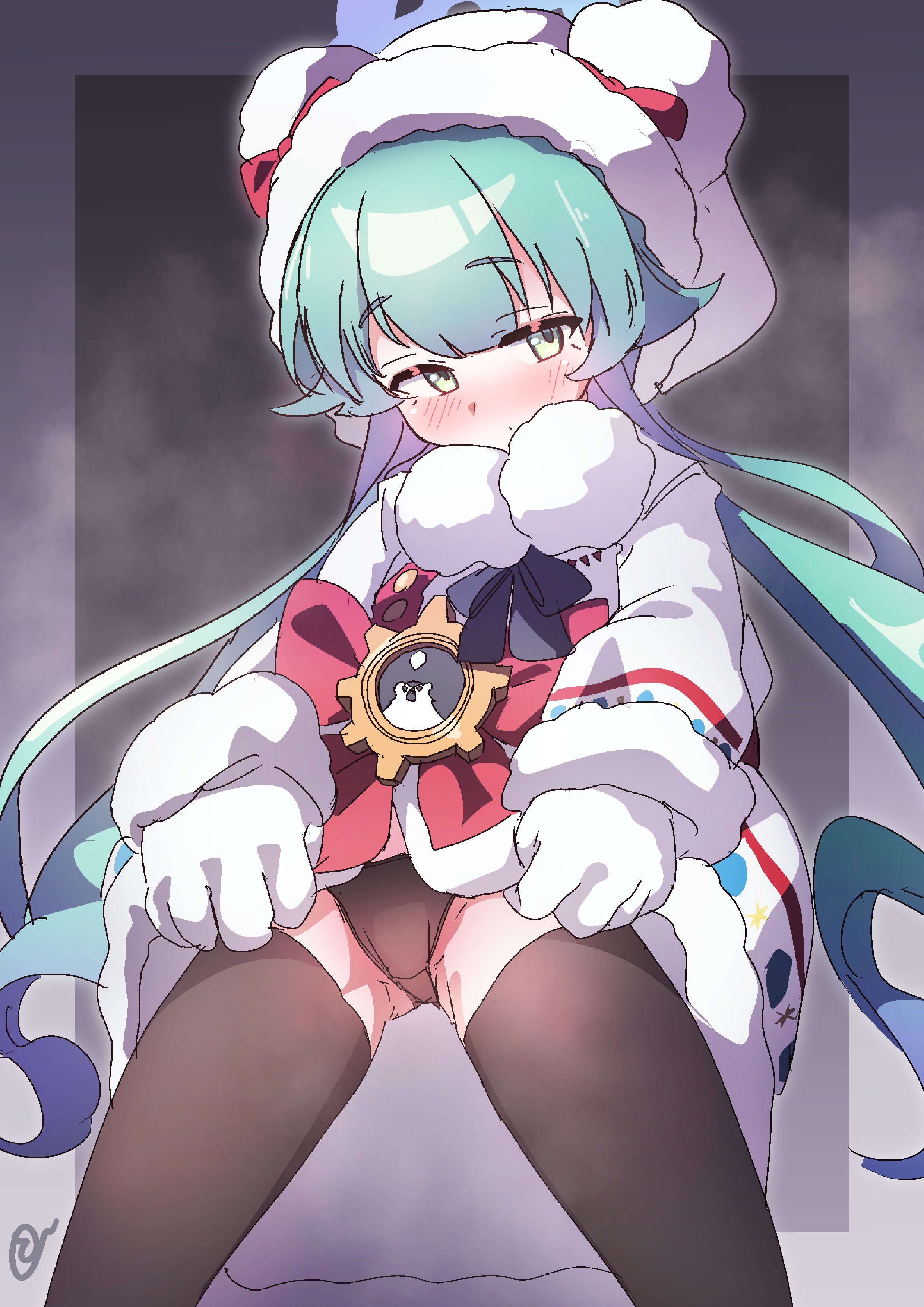 to (tototo tk), momiji (blue archive), blue archive, absurdres, highres, 1girl, animal hood, bear hood, black panties, blue halo, blush, coat, coat dress, dress, fur-trimmed coat, fur-trimmed hood, fur trim, gloves, green eyes, green hair, halo, hood, hood up, hooded coat, lifting own clothes, long hair, long sleeves, looking at viewer, low twintails, panties, solo, thighhighs, twintails, underwear, white coat, white gloves