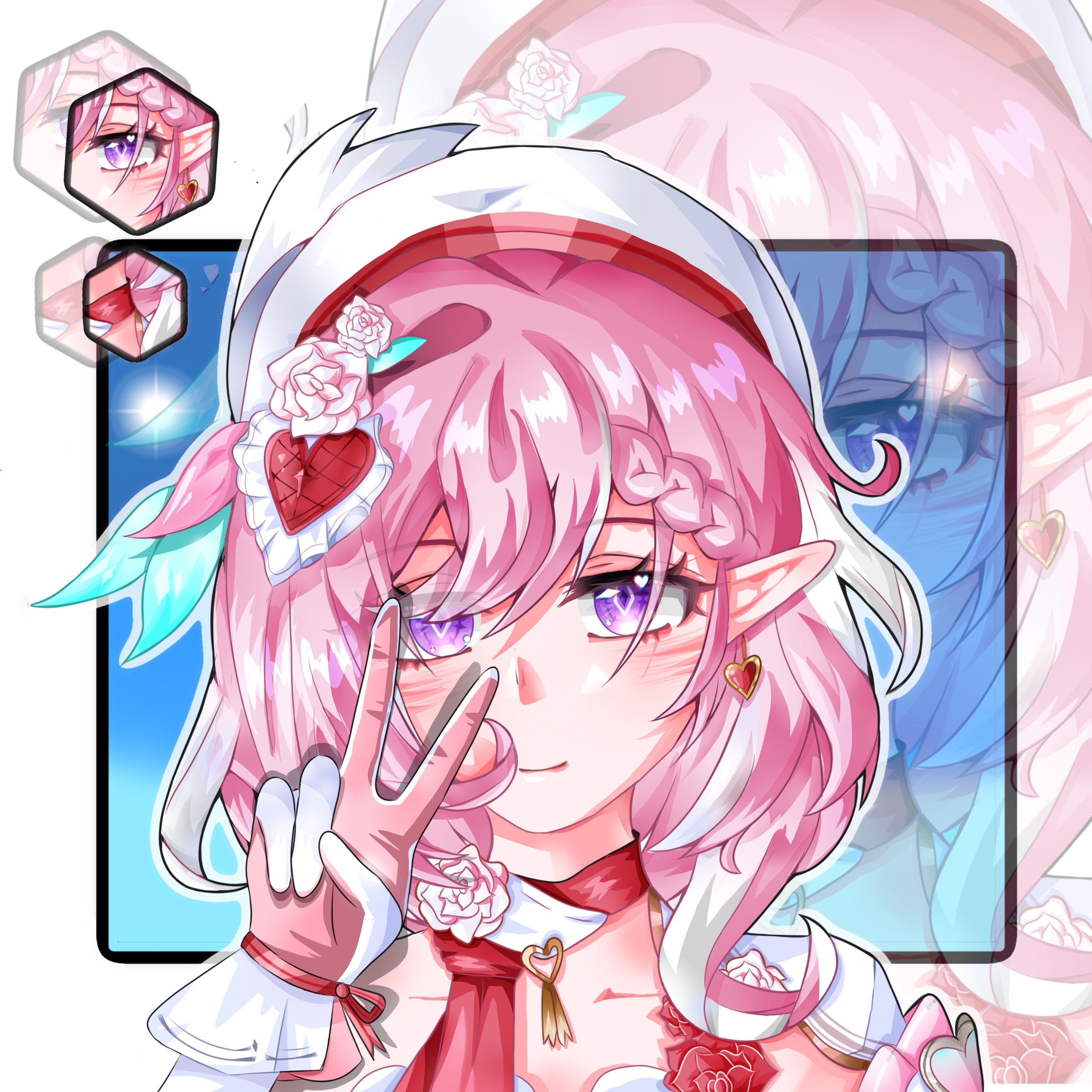 elysia (honkai impact), honkai (series), honkai impact 3rd, absurdres, chinese commentary, commentary request, highres, 1girl, beret, diamond-shaped pupils, diamond (shape), elf, elysia (hi elf of love) (honkai impact), gloves, hat, long hair, nishiki (lofter 72604075812), pink gloves, pink hair, pointy ears, portrait, purple eyes, solo, symbol-shaped pupils, v, zoom layer