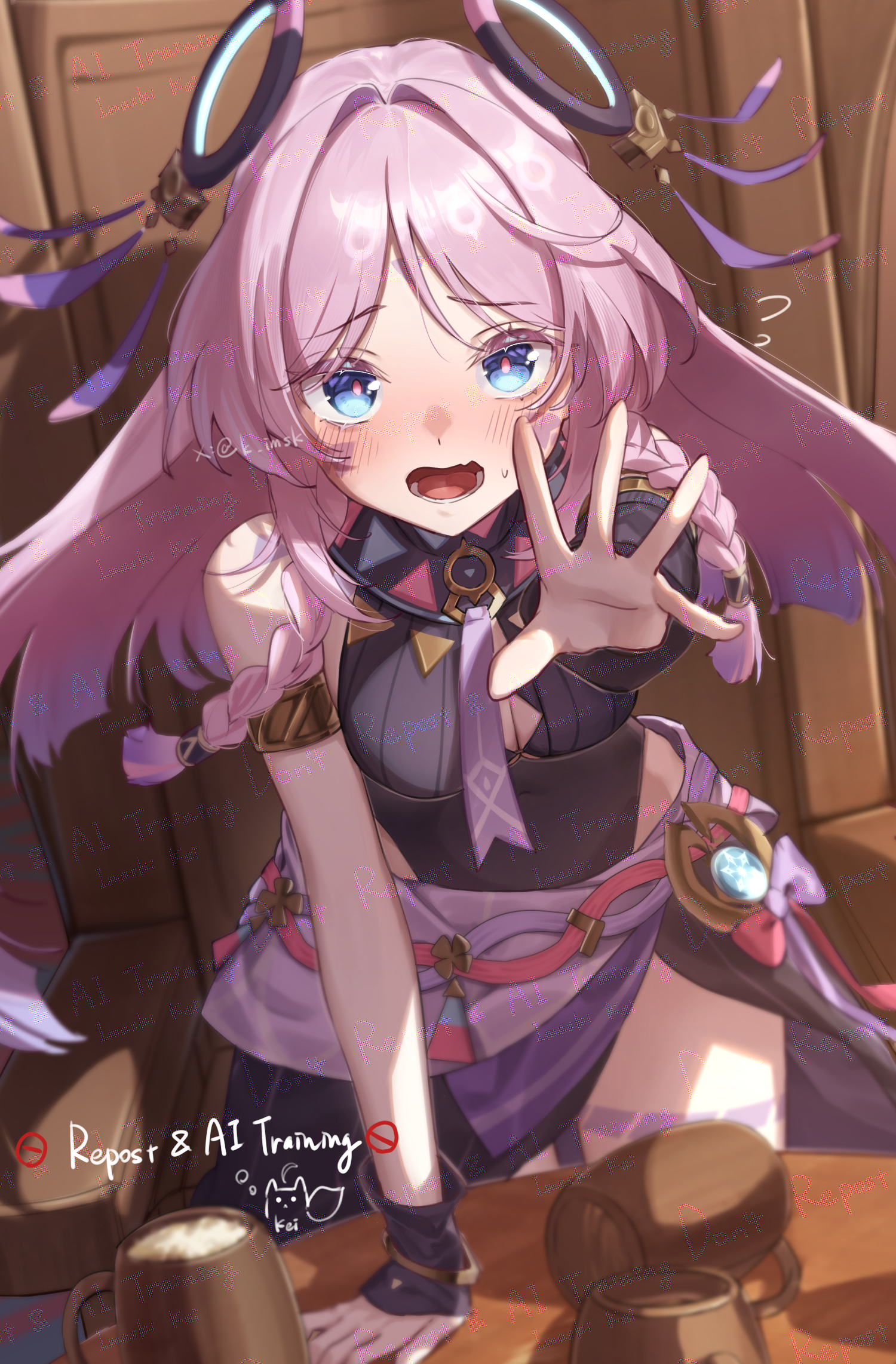 imasaki kei, citlali (genshin impact), genshin impact, highres, 1girl, arm support, armlet, blue eyes, blush, braided sidelocks, breasts, cleavage cutout, clothing cutout, cup, elbow gloves, embarrassed, facial mark, floating headgear, flying sweatdrops, gloves, gradient hair, hair intakes, hand on table, headgear, indoors, jewelry, leotard, looking at viewer, medium breasts, multicolored hair, open mouth, outstretched arm, pink hair, pink pupils, purple sarong, sarong, single elbow glove, single glove, solo, vision (genshin impact)