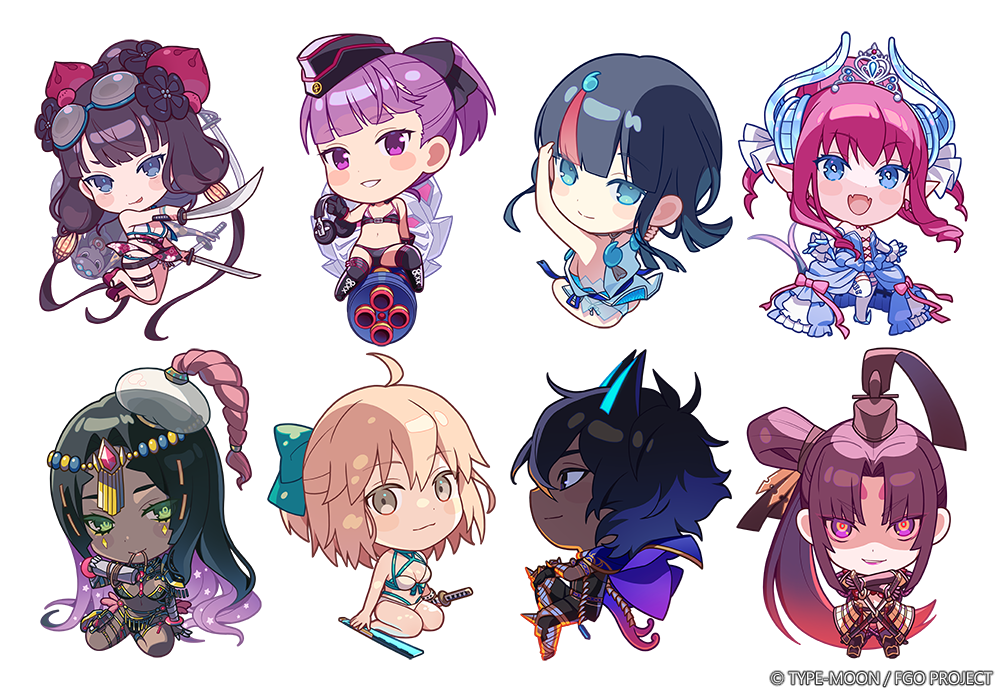 tuze111, arjuna (fate), arjuna alter (fate), arjuna alter (third ascension) (fate), elizabeth bathory (cinderella) (fate), elizabeth bathory (fate), helena blavatsky (fate), helena blavatsky (swimsuit archer) (third ascension) (fate), katsushika hokusai (fate), katsushika hokusai (swimsuit saber) (fate), okita j. souji (fate), okita j. souji (third ascension) (fate), okita souji (fate), scheherazade (fate), taira no kagekiyo (fate), taira no kagekiyo (third ascension) (fate), toto-sama (fate), ushiwakamaru (fate), utsumi erice, utsumi erice (lancer), fate/grand order, fate (series), commentary request, official art, 1boy, 6+girls, :p, ahoge, animal ears, aqua bow, aqua pupils, armor, azamaru (fate), bandaged arm, bandages, bikini, black bikini, black boots, black bow, black eyes, black gloves, black hair, black hat, black pants, black shirt, black thighhighs, blonde hair, blue cape, blue dress, blue eyes, blunt bangs, blush stickers, boots, bow, bracelet, cape, chibi, chibi only, closed mouth, colored inner hair, company name, copyright name, copyright notice, criss-cross halter, dark-skinned female, dark-skinned male, dark skin, detached sleeves, diamond facial mark, dragon girl, dragon horns, dragon tail, dress, dress bow, dual wielding, facial mark, fangs, fundoshi, garrison cap, gem, gloves, goggles, goggles on head, gradient hair, green eyes, grey eyes, hair bow, hair bun, hair ornament, half updo, halterneck, hat, head chain, headphones, high-low dress, high ponytail, holding, holding headphones, holding scroll, holding sword, holding weapon, hoop skirt, horns, japanese armor, japanese clothes, jewelry, katana, knee up, kote, kusazuri, long hair, long sleeves, looking ahead, looking at viewer, low twintails, magatama, magatama hair ornament, mini hat, mouth hold, multicolored hair, multiple girls, open mouth, pants, parted bangs, pauldrons, pink bow, pink hair, ponytail, pouch, purple eyes, purple hair, reaching, reaching towards viewer, red gemstone, scheherazade (third ascension) (fate), scroll, see-through clothes, see-through headwear, sheath, shirt, short hair, shoulder armor, side ponytail, sitting, skin fangs, sleeveless, sleeveless dress, smile, standing, standing on one leg, strapless, strapless dress, streaked hair, swim goggles, swimsuit, sword, tail, tate eboshi, thigh pouch, thigh strap, thighhighs, tiara, tongue, tongue out, transparent background, twintails, unsheathing, unworn headphones, weapon, white bikini, white dress, white thighhighs