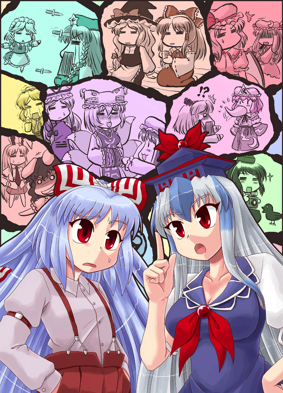 sasuke (sasuke no sato), fujiwara no mokou, kamishirasawa keine, touhou, highres, 6+girls, everyone, female focus, hair ribbon, hat, long hair, multiple girls, red eyes, ribbon, suspenders