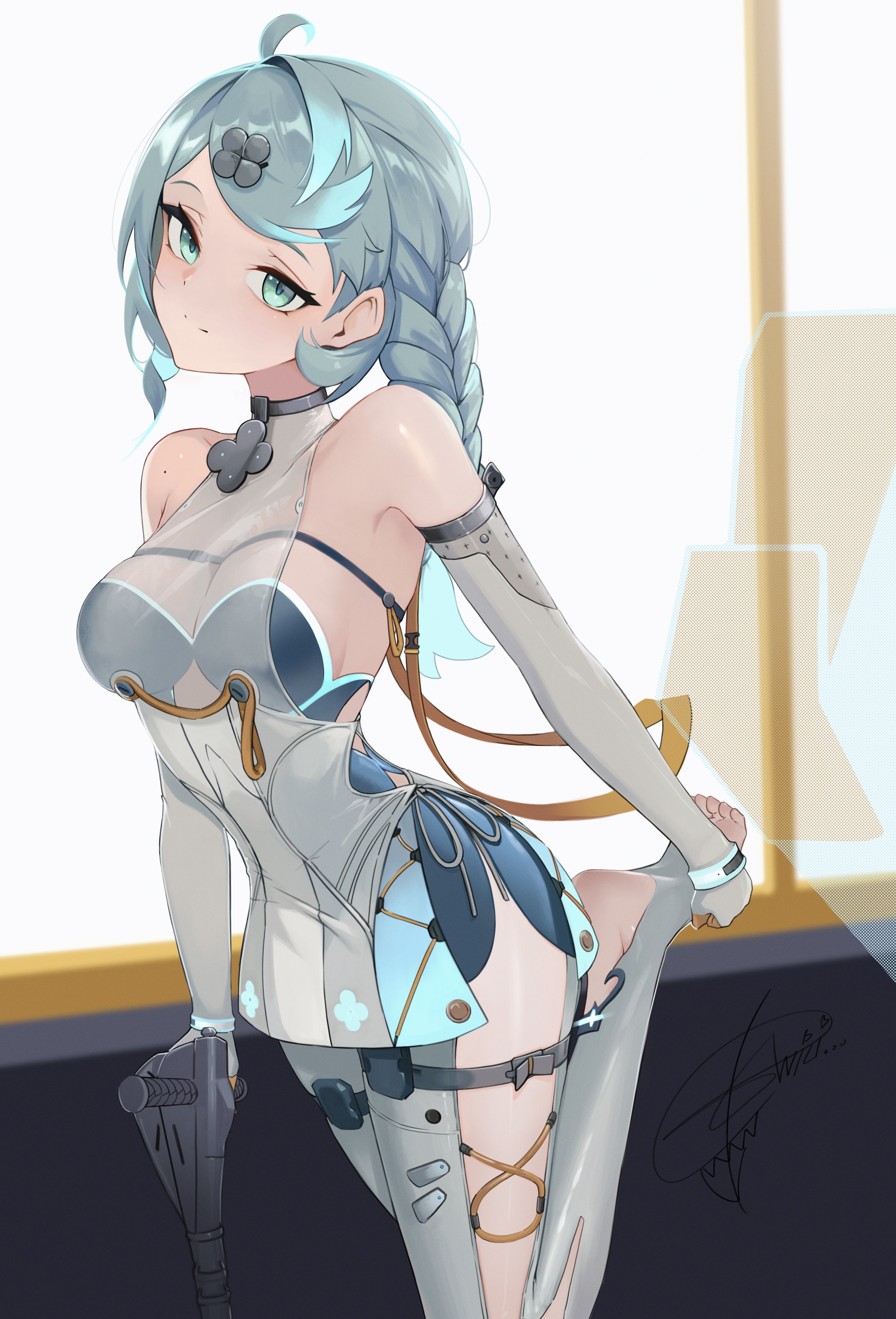 anizi, seed (zenless zone zero), zenless zone zero, toeless socks, absurdres, highres, 1girl, bare shoulders, blue eyes, blue hair, clothing cutout, detached sleeves, formal clothes, hair ornament, hairpin, hand on own leg, latex pants, looking at viewer, mole, mole on shoulder, ponytail, see-through dress layer, segway, side cutout, solo, suit, thigh cutout, thigh strap, toeless legwear, white suit