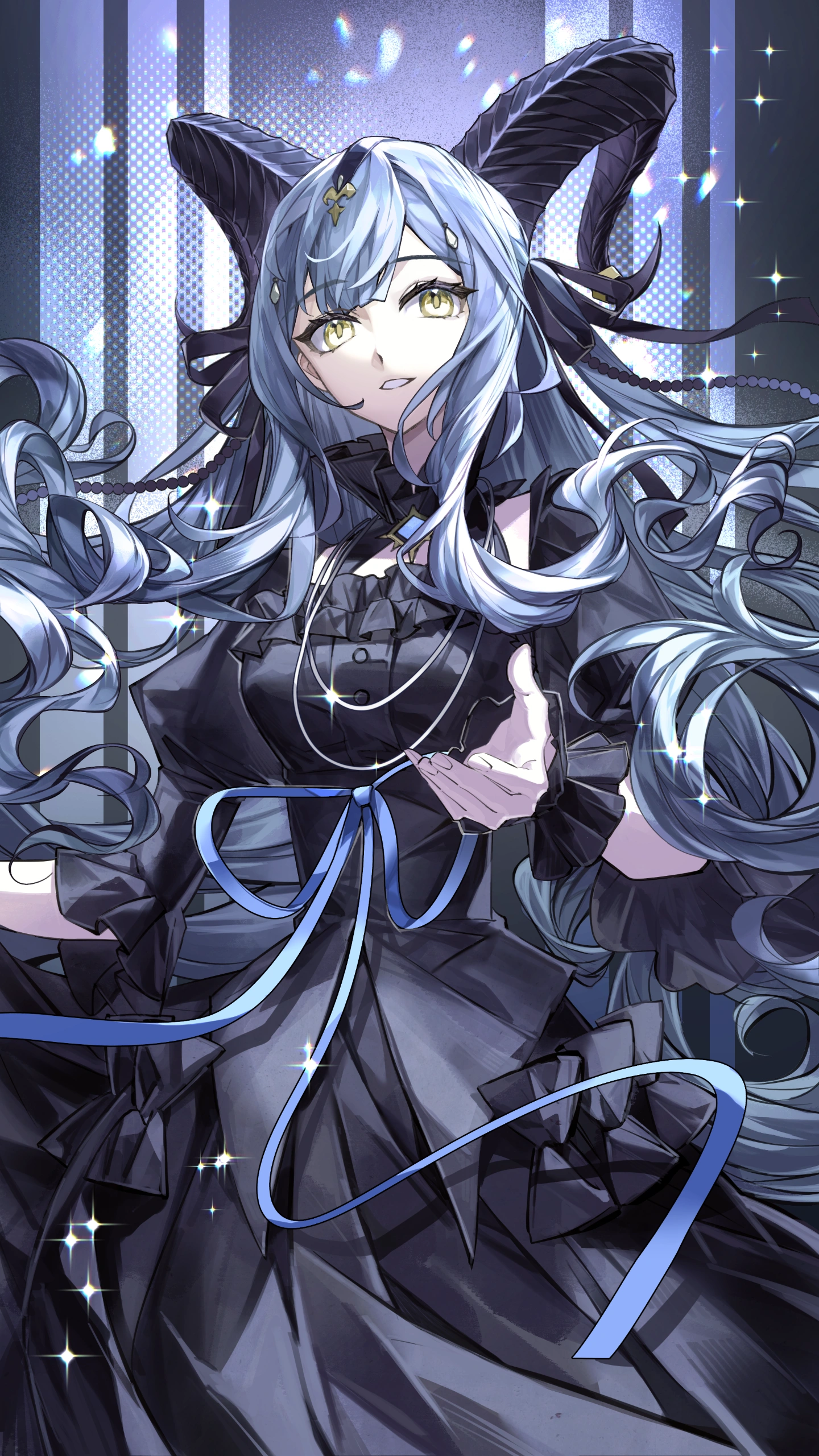 tianwen tai, togawa sakiko, arknights, bang dream!, bang dream! it's mygo!!!!!, absurdres, chinese commentary, commentary request, highres, 1girl, black dress, black horns, black ribbon, blue hair, blue ribbon, cowboy shot, curled horns, detached collar, dress, hair ribbon, hand up, horns, jewelry, long hair, looking at viewer, necklace, parted lips, ribbon, sidelocks, smile, solo, standing, togawa sakiko (master of melodia), wrist cuffs, yellow eyes