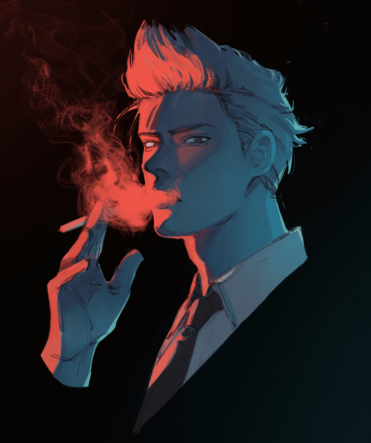 mi kan1609, netherlands (hetalia), axis powers hetalia, commentary request, highres, 1boy, between fingers, black background, black jacket, black necktie, blonde hair, cigarette, collared shirt, formal clothes, green eyes, holding, holding cigarette, jacket, lips, long sleeves, looking at viewer, male focus, necktie, open mouth, scar, shirt, short hair, simple background, smoke, smoking, solo, suit, suit jacket, upper body, white shirt