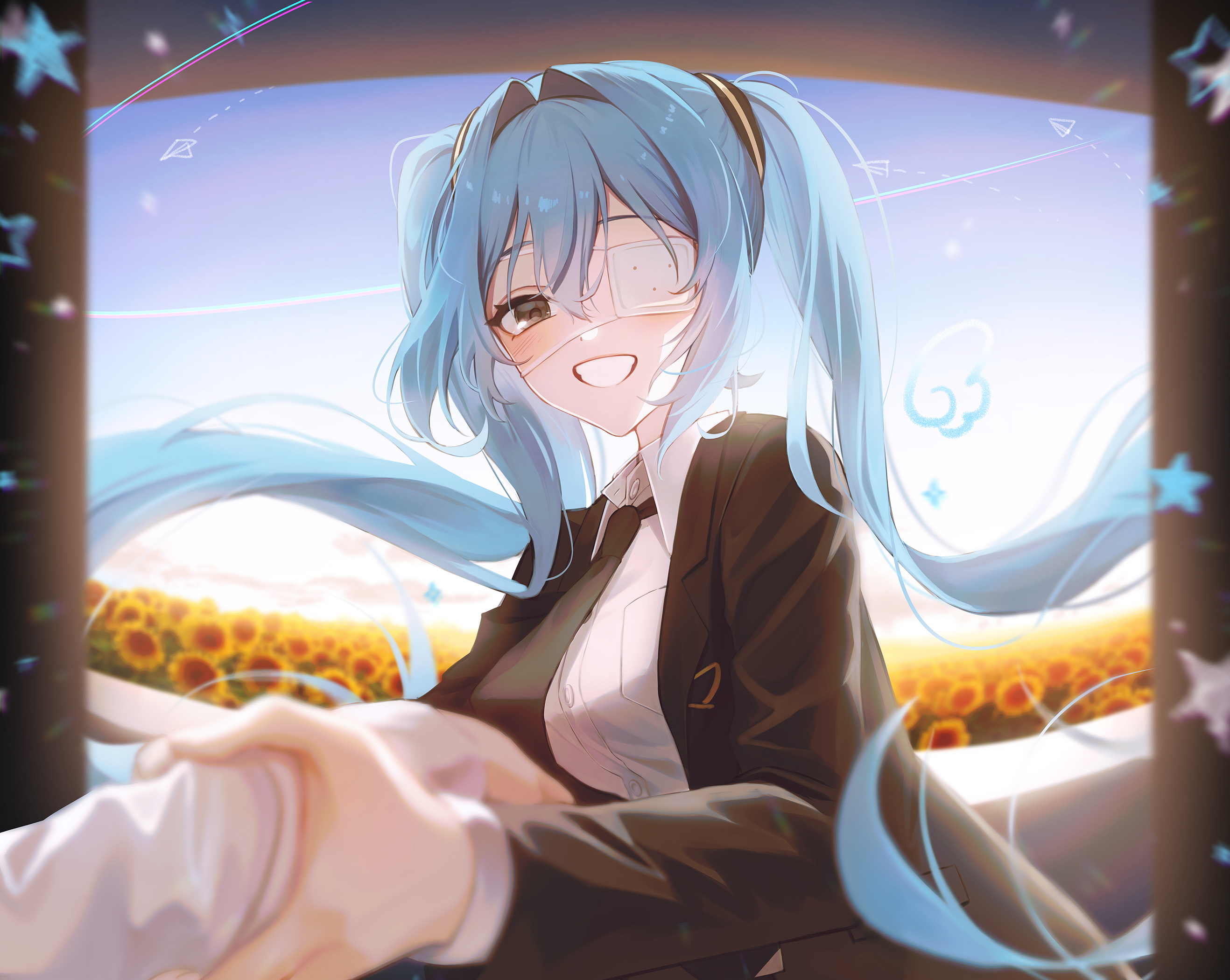 inosia, hatsune miku, monitoring (vocaloid), vocaloid, highres, 1girl, black jacket, black necktie, black suit, blue hair, blurry, collared shirt, eyepatch, field, flower, flower field, formal clothes, grin, hair between eyes, hair intakes, jacket, long hair, long sleeves, looking at viewer, medical eyepatch, necktie, outdoors, shirt, sky, smile, solo, suit, suit jacket, sunflower, sunflower field, twintails, very long hair, white shirt