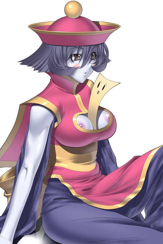 kansuke, hsien-ko, mei-ling (darkstalkers), capcom, darkstalkers, 1girl, between breasts, blue skin, blush, breasts, colored skin, female focus, flipped hair, hat, jiangshi, large breasts, nipple slip, nipples, qingdai guanmao, short hair, solo