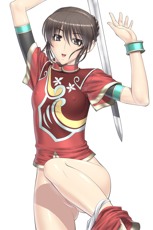 kansuke, chai xianghua, soul calibur, soulcalibur i, 1girl, :d, alternate costume, bottomless, brown eyes, brown hair, censored, covered erect nipples, female focus, flat chest, looking at viewer, mosaic censoring, open mouth, panties, panties around leg, panty pull, pussy, simple background, smile, solo, sword, underwear, undressing, weapon, white background, white panties