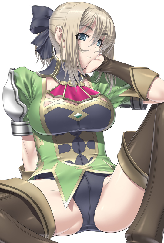 kansuke, cassandra alexandra, soul calibur, soulcalibur, soulcalibur ii, 1girl, alternate costume, blonde hair, blue eyes, boots, breasts, covered erect nipples, female focus, gloves, large breasts, necktie, pink necktie, simple background, solo, spread legs, thigh boots, thighhighs