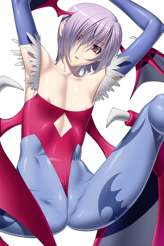 kansuke, lilith (darkstalkers), capcom, darkstalkers, 1girl, animal print, areola slip, bat print, blue pantyhose, cameltoe, collarbone, demon girl, female focus, flat chest, leotard, nipple slip, nipples, pantyhose, print pantyhose, purple hair, red eyes, red leotard, short hair, solo, spread legs, thighs, wedgie