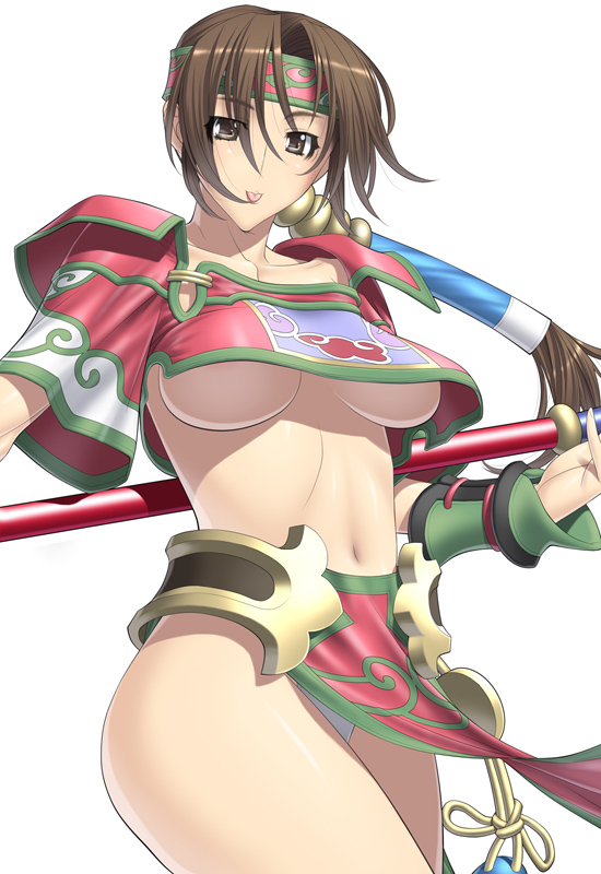 kansuke, seong mi-na, soul calibur, soulcalibur, soulcalibur iii, 1girl, :p, breasts, brown eyes, brown hair, female focus, midriff, pelvic curtain, revealing clothes, solo, tongue, tongue out, underboob
