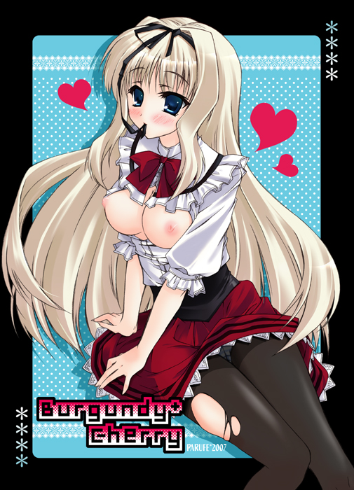 hayashi sakura, kusugawa sasara, to heart (series), to heart 2, 00s, 1girl, blonde hair, breasts, bronze parrot, crotch seam, female focus, mouth hold, nipples, no bra, open clothes, open shirt, panties, panties under pantyhose, pantyhose, pantyshot, school uniform, serafuku, shirt, solo, torn clothes, torn pantyhose, underwear, upskirt, waitress