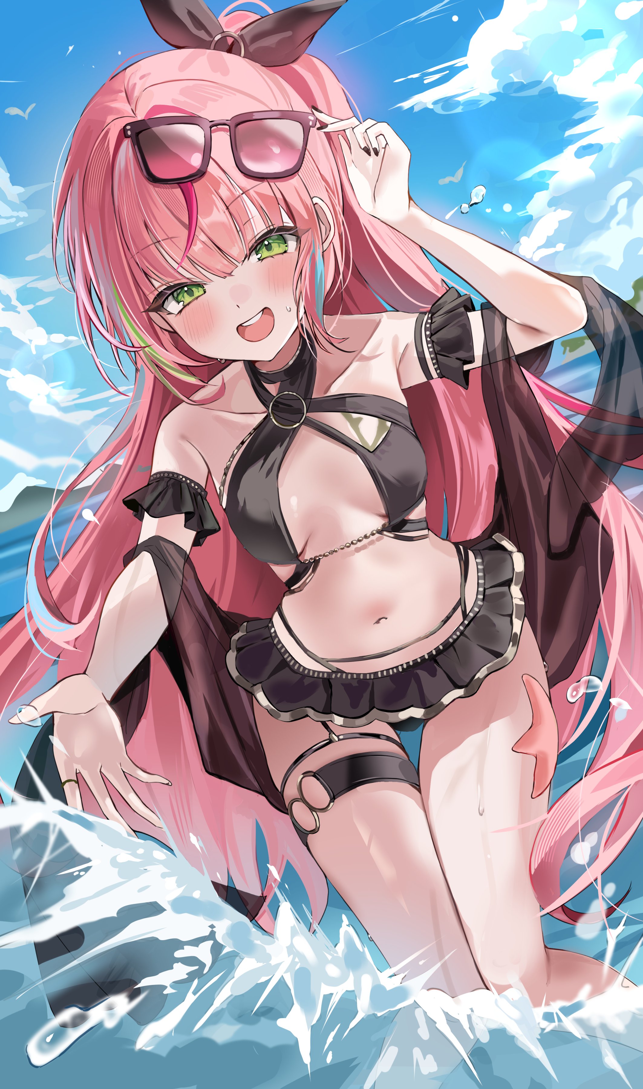hailiu, hanako nana, stellive, absurdres, commentary, highres, 1girl, arm garter, bare shoulders, bikini, bikini skirt, black bikini, black choker, black nails, breasts, choker, day, eyewear on head, green eyes, hair ribbon, hand up, long hair, looking at viewer, medium breasts, multicolored hair, nail polish, navel, one side up, open mouth, outdoors, pink hair, ribbon, shawl, sling bikini top, smile, solo, stomach, streaked hair, sunglasses, swimsuit, thigh strap, thighs, very long hair, virtual youtuber, wading, water