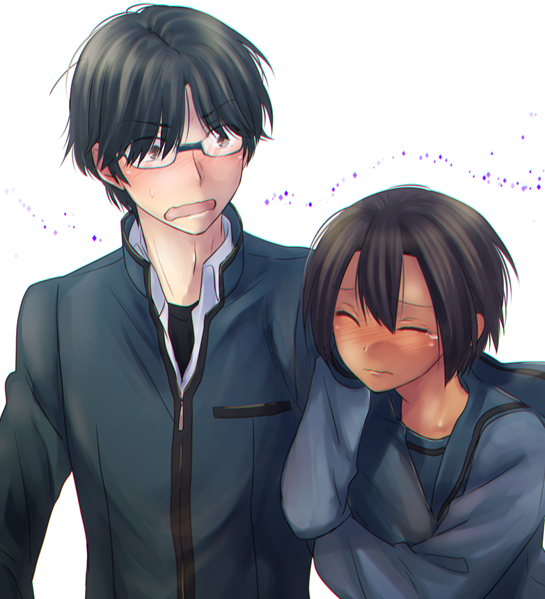 ikuhashi muiko, daitoku junna, hidaka subaru, robotics;notes, science adventure, tagme, 1boy, 1girl, black hair, blazer, blue jacket, blush, chuo tanegashima high school uniform, closed eyes, glasses, jacket, long sleeves, school uniform, shirt, short hair, simple background, surprised, tears, upper body, wavy mouth, white background, winter uniform