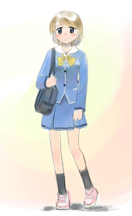 ikeda jun (mizutamari), original, 1girl, bag, black socks, blonde hair, blue eyes, blue jacket, blue skirt, bow, bowtie, female focus, full body, handbag, holding, jacket, kneehighs, loafers, looking at viewer, over shoulder, pigeon-toed, school uniform, serafuku, shoes, short hair, simple background, skirt, socks, solo, standing, yellow background, yellow bow, yellow bowtie