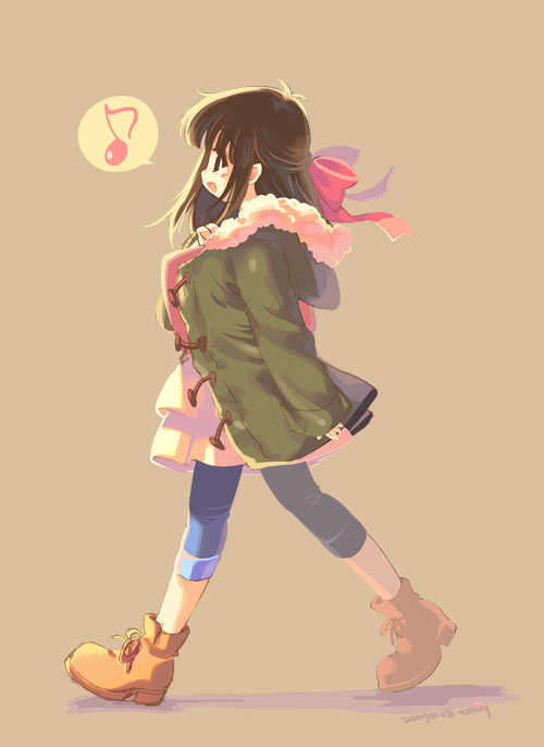 emily (artist), original, tagme, brown hair, coat, musical note, open mouth, shadow, smile, solo, walking