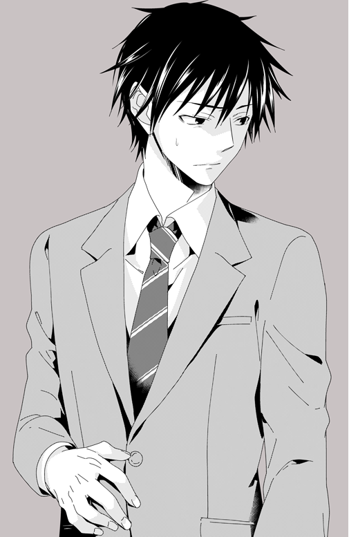 ikuhashi muiko, shinjo takeshi, chaos;child, science adventure, 1boy, black hair, breast pocket, collared shirt, dress shirt, formal clothes, grey background, greyscale, hand on own stomach, jacket, looking to the side, male focus, monochrome, necktie, nervous sweating, pocket, shirt, short hair, simple background, solo, striped necktie, suit, suit jacket, sweat