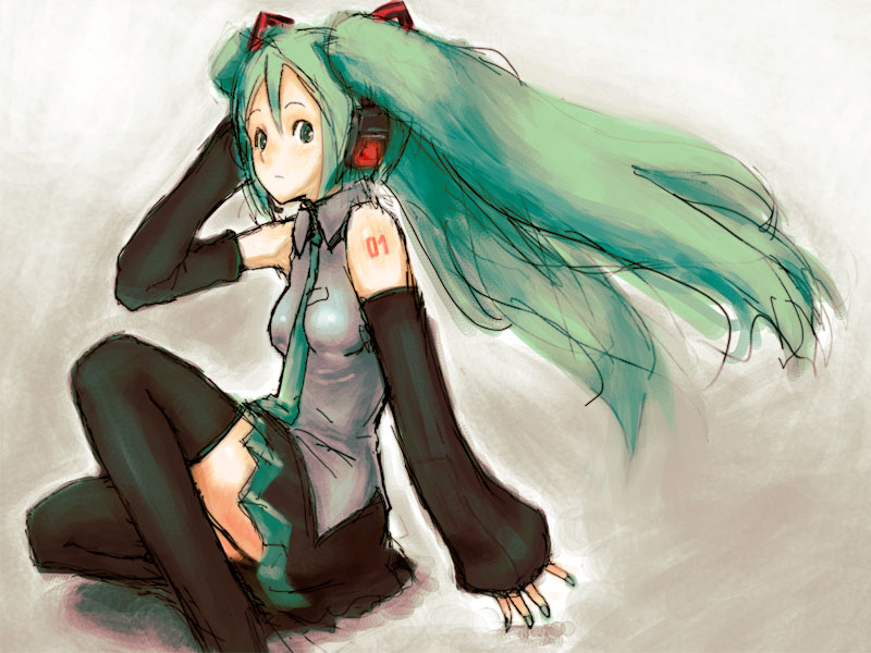 pomo rosso, hatsune miku, vocaloid, green eyes, green hair, necktie, thighhighs, twintails