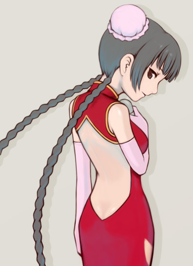 mamoru (arizona), wang liu mei, gundam, gundam 00, 00s, 1girl, back cutout, backless dress, backless outfit, black hair, braid, bun cover, butt crack, china dress, chinese clothes, clothing cutout, double bun, dress, female focus, frills, from behind, green background, hair bun, long hair, looking at viewer, profile, red dress, red eyes, simple background, smile, solo, twin braids, very long hair