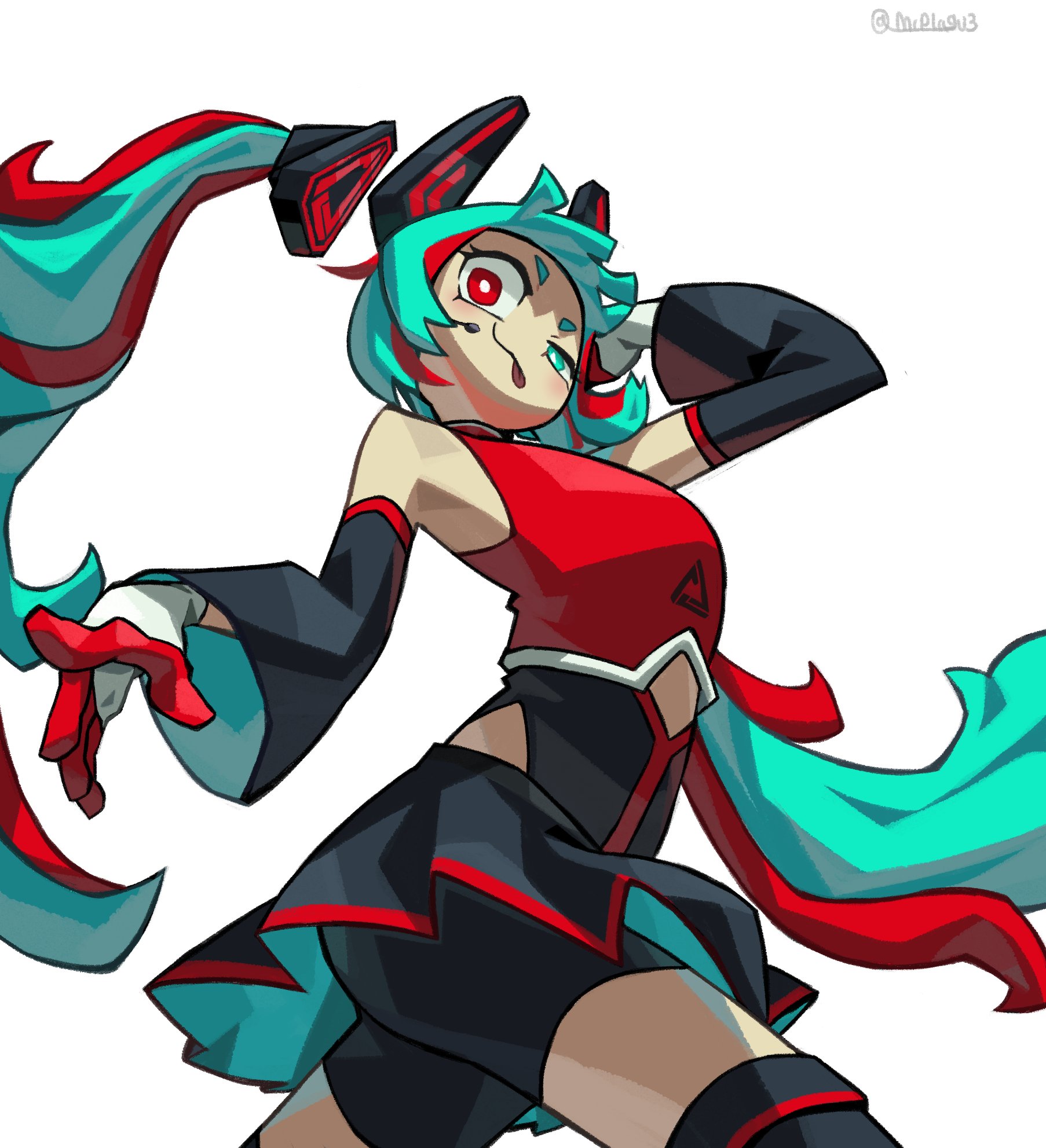 mr plagu3, roblox, commentary, english commentary, highres, 1girl, :3, :p, aqua eyes, aqua hair, aqua skirt, aqua sleeves, arched back, arm behind head, arm up, bare shoulders, bike shorts, bike shorts under skirt, black skirt, black sleeves, black thighhighs, breasts, bright pupils, closed mouth, detached hair, detached sleeves, dj booth (mako) (tower defense simulator), dj booth (tower defense simulator), from below, gloves, headset, heterochromia, long hair, long sleeves, looking at viewer, multicolored hair, official alternate costume, official alternate hair color, official alternate hair length, official alternate hairstyle, pleated skirt, red eyes, red gloves, red hair, red shirt, red trim, shirt, simple background, skirt, sleeveless, sleeveless shirt, sleeveless turtleneck, small breasts, solo, standing, streaked hair, thighhighs, tongue, tongue out, tower defense simulator, turtleneck, turtleneck shirt, twintails, twitter username, two-sided fabric, two-sided skirt, two-sided sleeves, two-tone gloves, two-tone hair, uneven eyes, very long hair, white background, white gloves, white pupils, wide-eyed