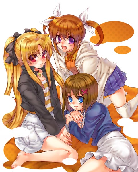 tenkuu sphere, fate testarossa, takamachi nanoha, yagami hayate, lyrical nanoha, mahou shoujo lyrical nanoha, mahou shoujo lyrical nanoha a's, 00s, 3girls, barefoot, blonde hair, blue eyes, brown hair, hair ornament, multiple girls, purple eyes, red eyes, red hair, smile, twintails, x hair ornament