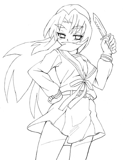 oryo (oryo04), asakura ryoko, suzumiya haruhi no yuuutsu, 00s, greyscale, knife, monochrome, school uniform, serafuku, solo