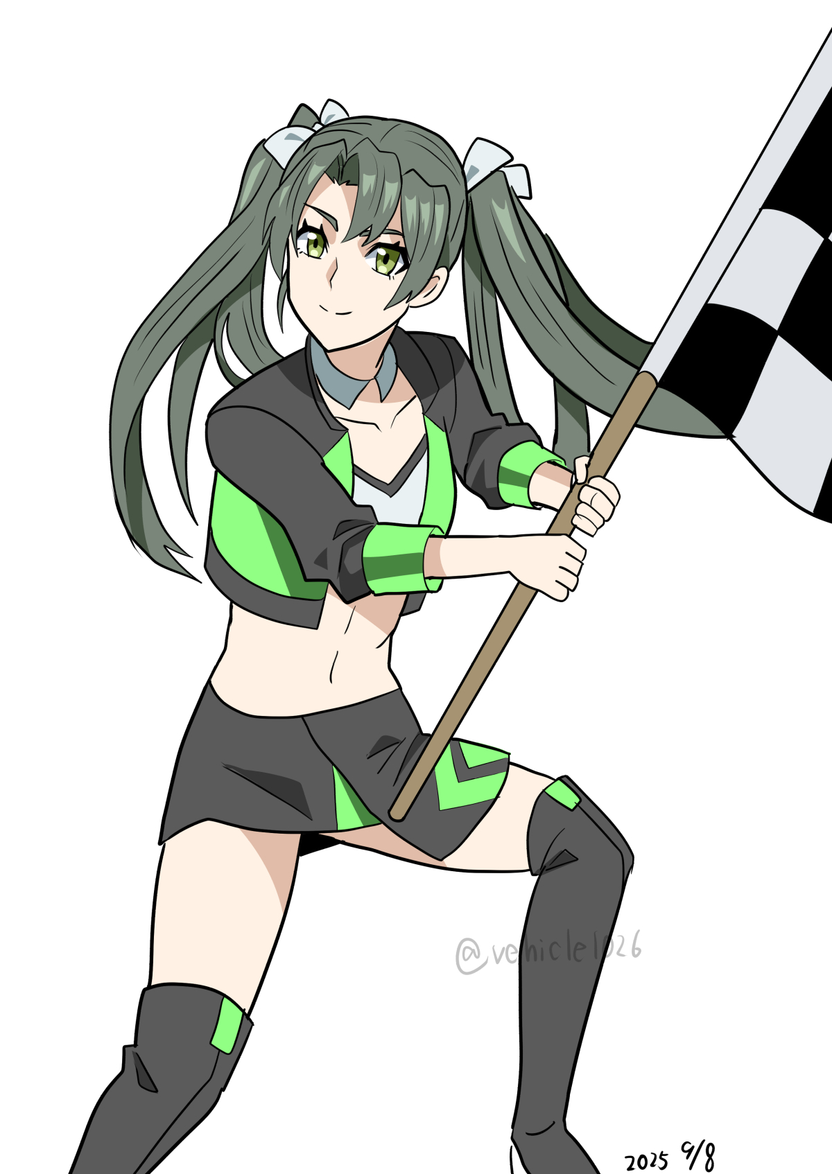 vehicle1026, zuikaku (kancolle), kantai collection, highres, 1girl, black jacket, black skirt, black thighhighs, boots, checkered flag, cropped jacket, dated, flag, green eyes, grey hair, jacket, long hair, midriff, miniskirt, official alternate costume, race queen, ribbon, simple background, skirt, smile, solo, strapless, thigh boots, thighhighs, tube top, twintails, two-tone skirt, white background, white ribbon, white tube top, zuikaku (race queen) (kancolle)