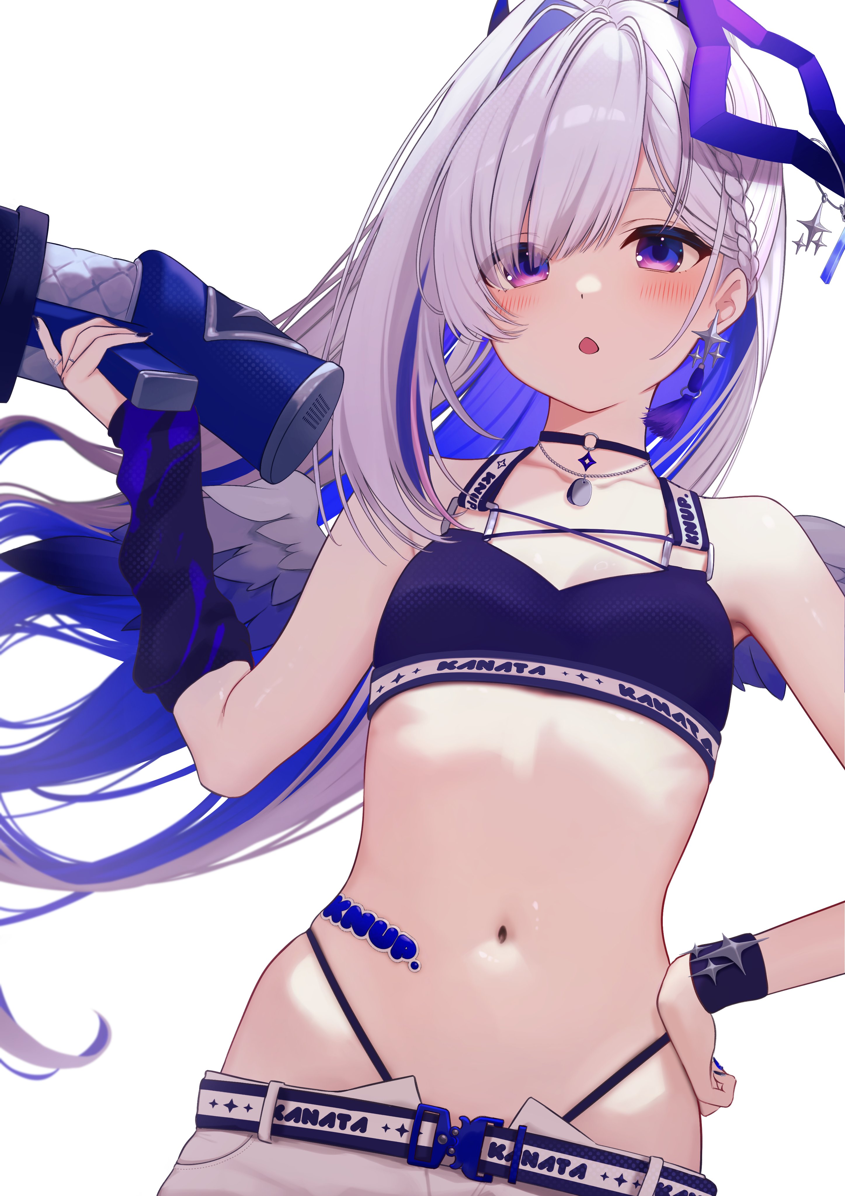buket pudding i, amane kanata, hololive, absurdres, highres, 1girl, asymmetrical bangs, blue hair, blush, braid, breasts, choker, colored inner hair, earrings, flat chest, grey hair, hair over one eye, halo, hand on own hip, holding, holding megaphone, jewelry, long hair, looking at viewer, megaphone, multicolored hair, navel, official alternate costume, official alternate hairstyle, open mouth, purple eyes, simple background, single hair intake, small breasts, solo, star halo, swimsuit, virtual youtuber, white background, wings