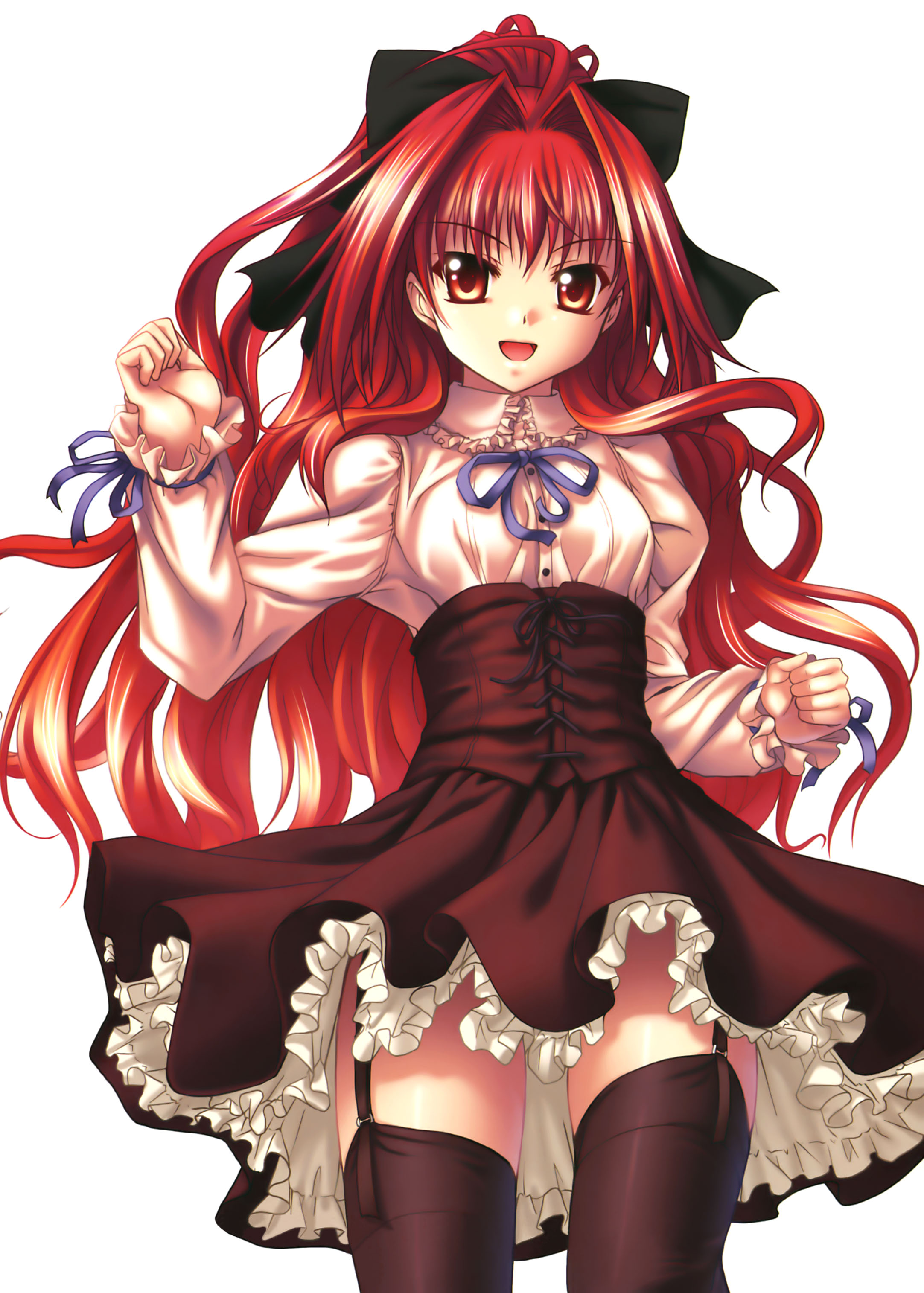 kannatsuki noboru, corticarte apa lagranges, shinkyoku soukai polyphonica, absurdres, highres, 00s, black thighhighs, frilled skirt, frills, garter belt, hair ribbon, lingerie, petticoat, ponytail, red hair, ribbon, skirt, smile, solo, thighhighs, underwear, zettai ryouiki