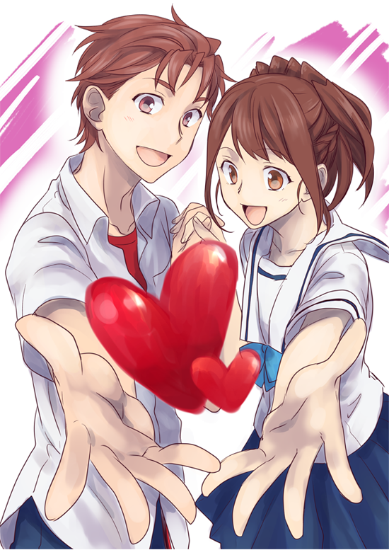 ikuhashi muiko, senomiya akiho, yashio kaito, robotics;notes, science adventure, 1boy, 1girl, :d, blush, brown eyes, brown hair, chuo tanegashima high school uniform, heart, long hair, looking at viewer, open mouth, reaching, reaching towards viewer, red hair, school uniform, shirt, short hair, simple background, skirt, smile, tongue