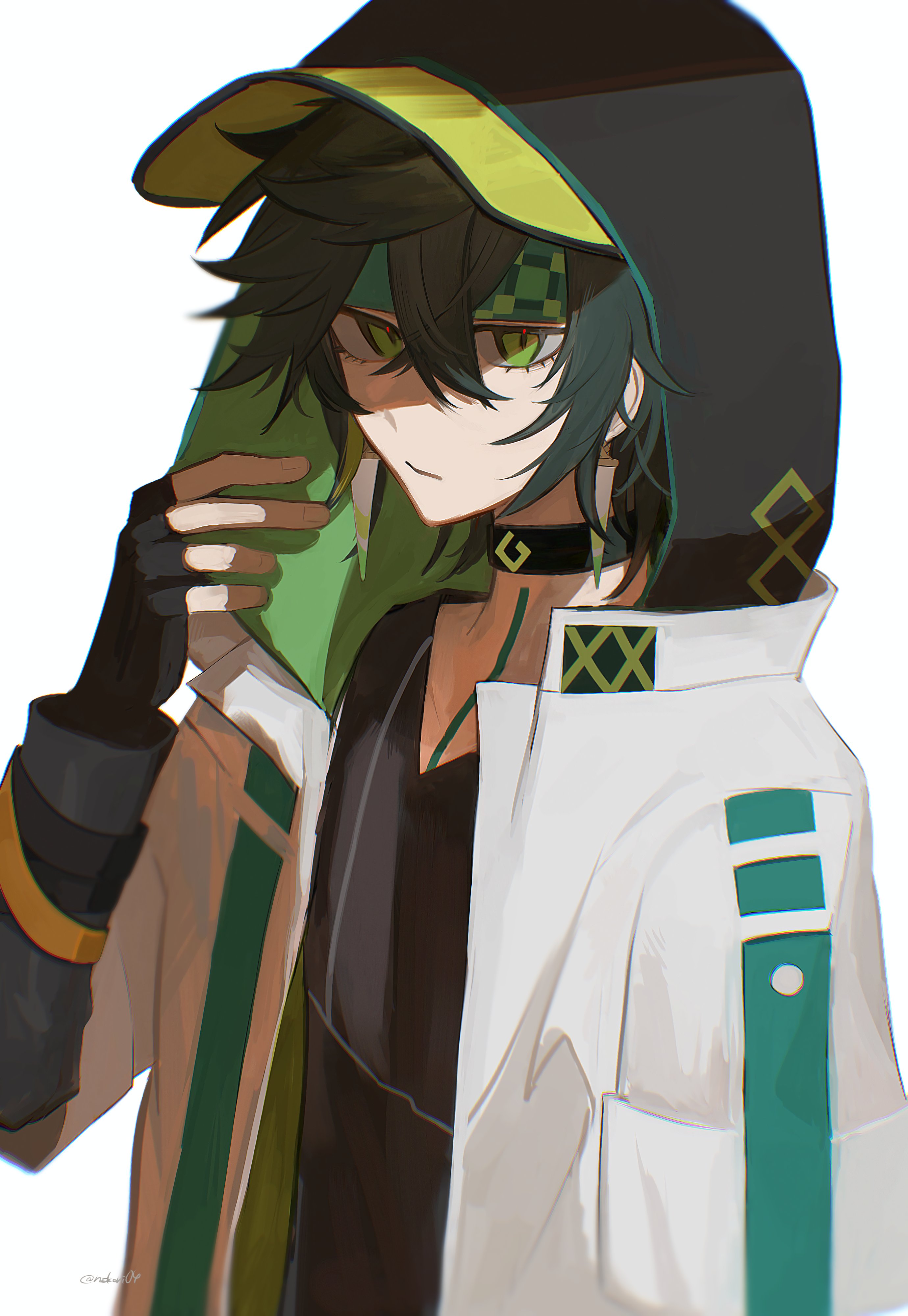 nokori04, kinich (genshin impact), genshin impact, absurdres, commentary request, highres, 1boy, baseball cap, black choker, black gloves, black hair, black hood, black hoodie, blonde streaks, body markings, choker, closed mouth, crossed bangs, earrings, fingerless gloves, gloves, green eyes, green headband, hand on headwear, hand up, hat, hat under hood, headband, hood, hood up, hoodie, jacket, jewelry, kinich (parallels meet) (genshin impact), looking at viewer, multicolored hair, official alternate costume, short hair, simple background, single earring, solo, streaked hair, triangle earrings, twitter username, upper body, white background, white jacket, yellow hat
