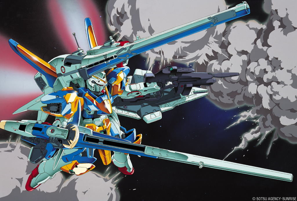 katoki hajime, v2 gundam, gundam, victory gundam, official art, 1990s (style), beam rifle, cannon, energy gun, explosion, gun, mecha, no humans, retro artstyle, robot, shield, space, weapon
