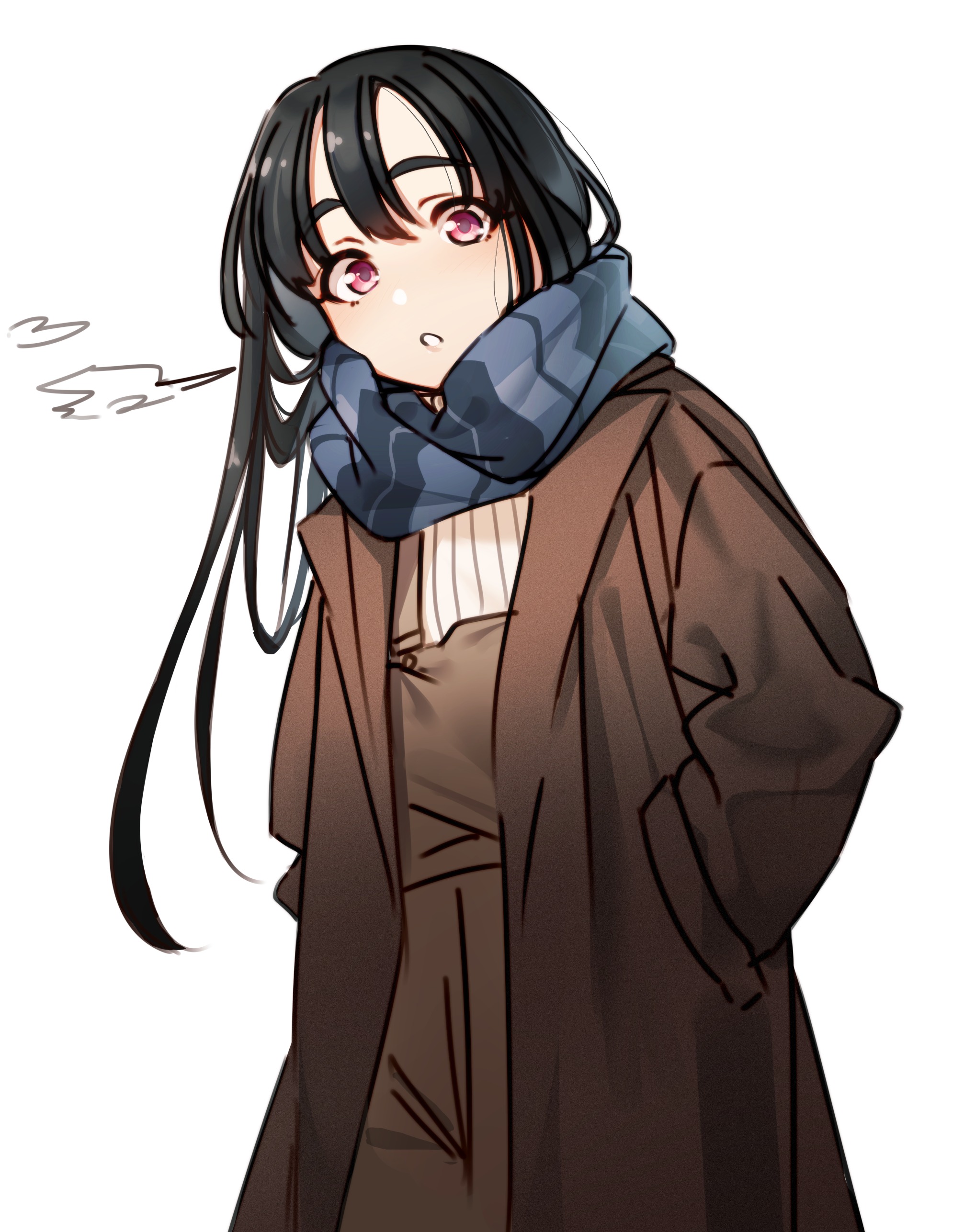 kakaobataa, original, absurdres, highres, 1girl, black hair, breath, brown coat, coat, enpera, hands in pockets, long hair, looking at viewer, open clothes, open coat, scarf, solo, striped clothes, striped scarf, thick eyebrows, white background