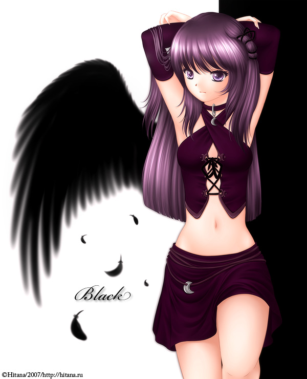 hitana, angel, angel wings, black theme, black wings, elbow gloves, gloves, midriff, purple eyes, purple hair, solo, wings